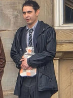 Max Minghella Clay face Blue Hooded Jacket