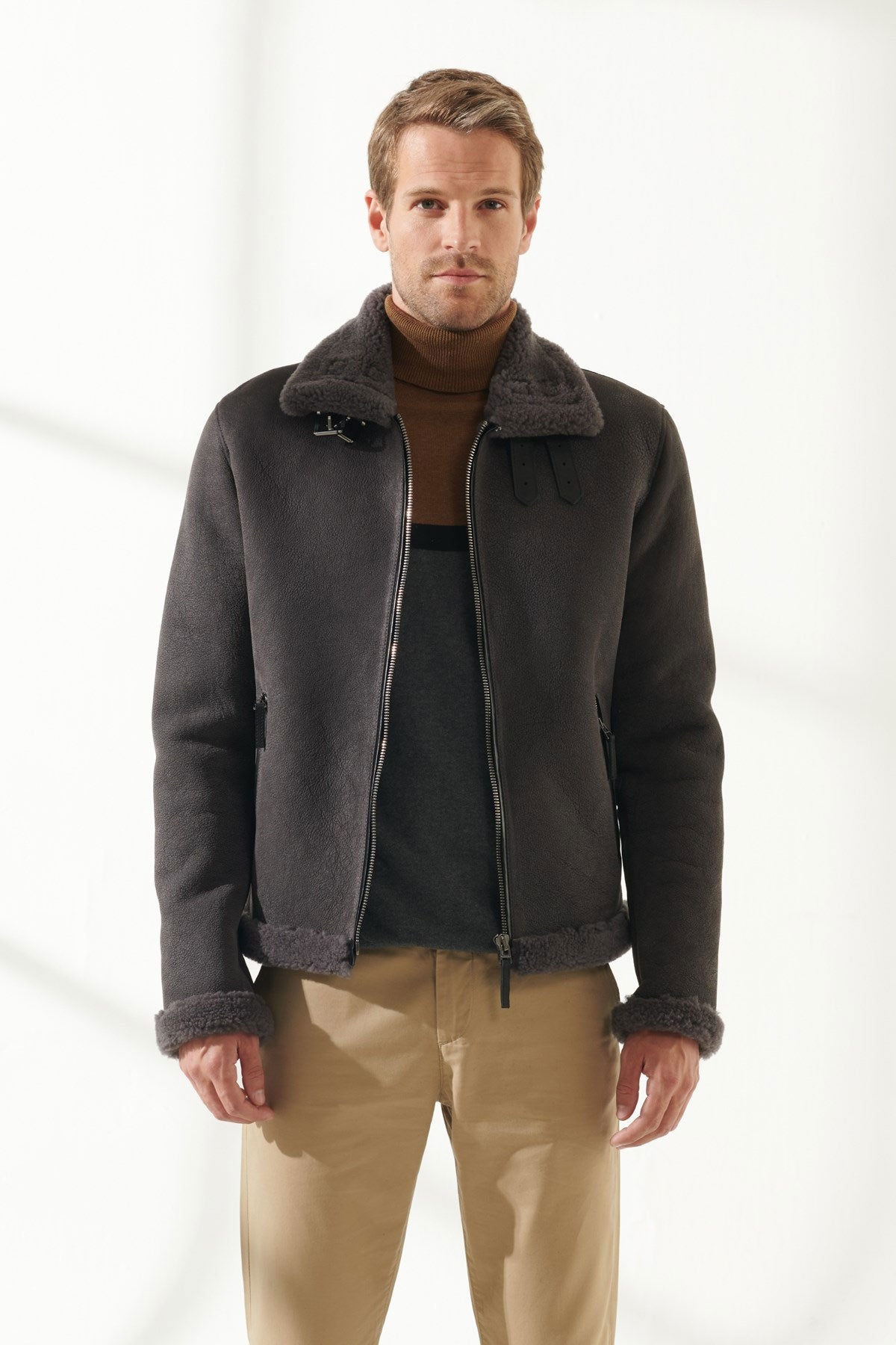 Men Aviator Dark Grey Shearling Jacket