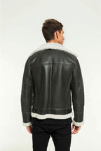 Classic Men's Aviator Black Shearling Jacket - White Shearling