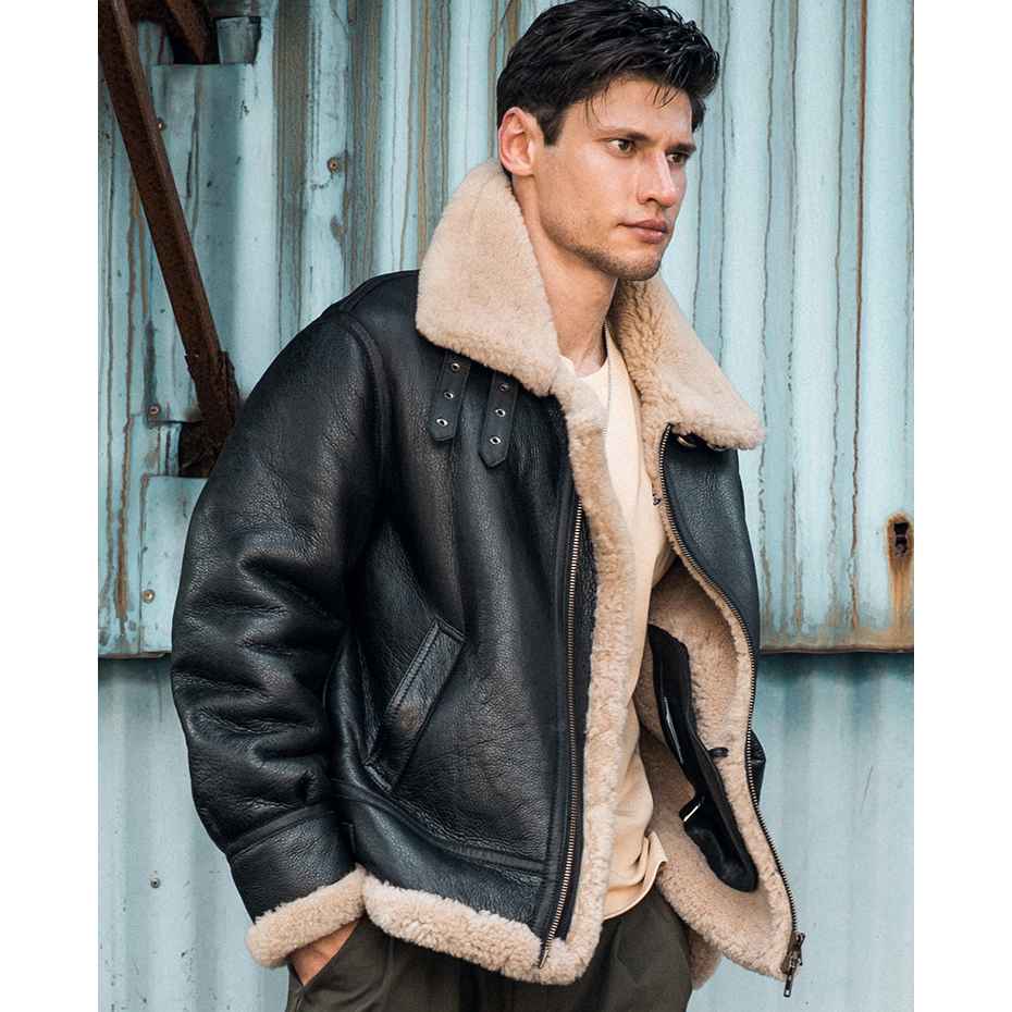 Men B3 Bomber RAF Aviator Pilot Shearling Sheepskin Leather Motorcycle Jacket