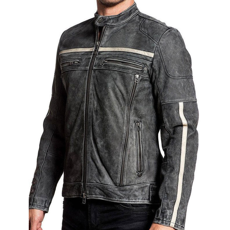 Distressed Men Biker Vintage Cafe Racer Leather Jacket