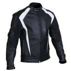 Men Black Biker Motorcycle Leather Jacket with White Perforated Stripe Panels