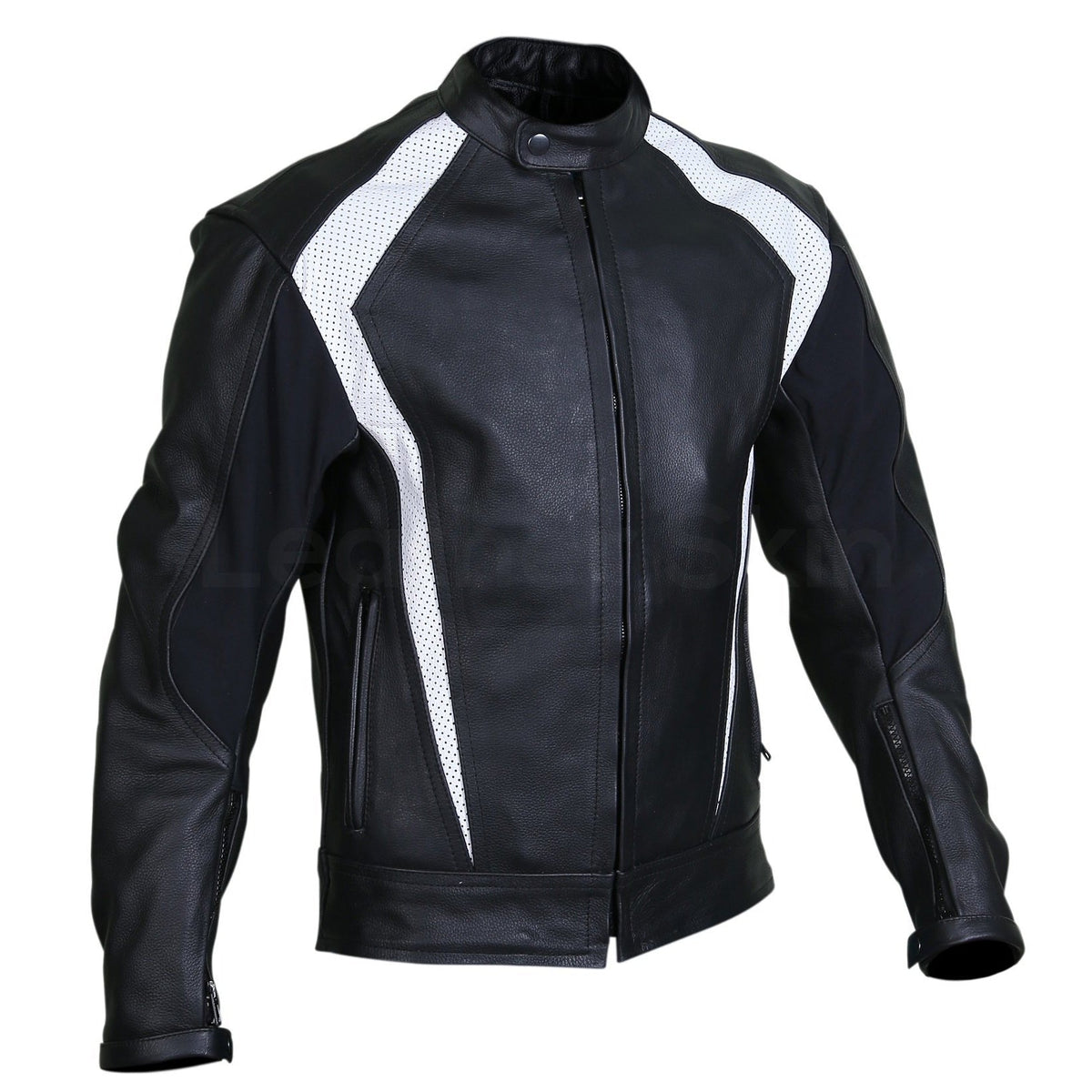 Men Black Biker Motorcycle Leather Jacket with White Perforated Stripe Panels