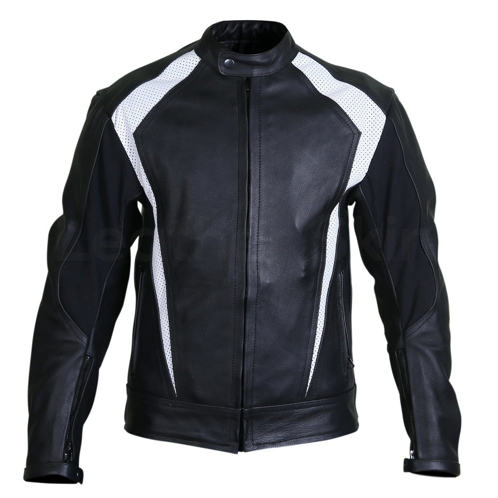 Men Black Biker Motorcycle Leather Jacket with White Perforated Stripe Panels