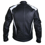 Men Black Biker Motorcycle Leather Jacket with White Perforated Stripe Panels