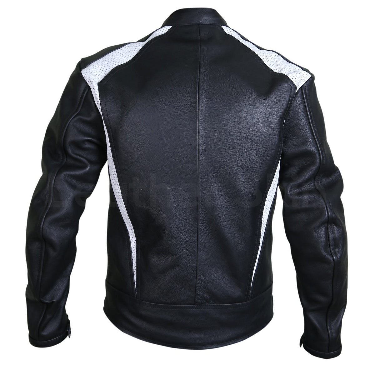 Men Black Biker Motorcycle Leather Jacket with White Perforated Stripe Panels
