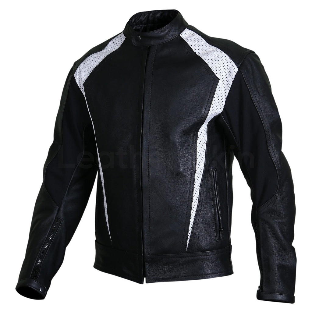 Men Black Biker Motorcycle Leather Jacket with White Perforated Stripe Panels