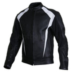 Men Black Biker Motorcycle Leather Jacket with White Perforated Stripe Panels