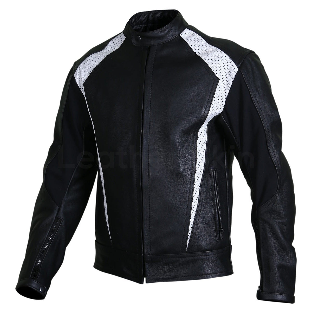 Men Black Biker Motorcycle Leather Jacket with White Perforated Stripe Panels