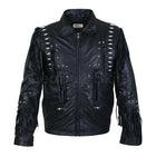 Men Black Fringes White Beads Leather Jacket with Round Studs