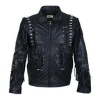 Men Black Fringes White Beads Leather Jacket with Round Studs