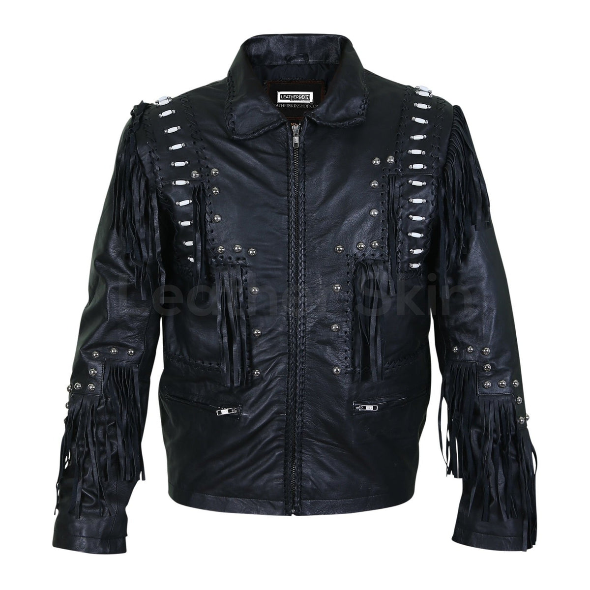 Men Black Fringes White Beads Leather Jacket with Round Studs