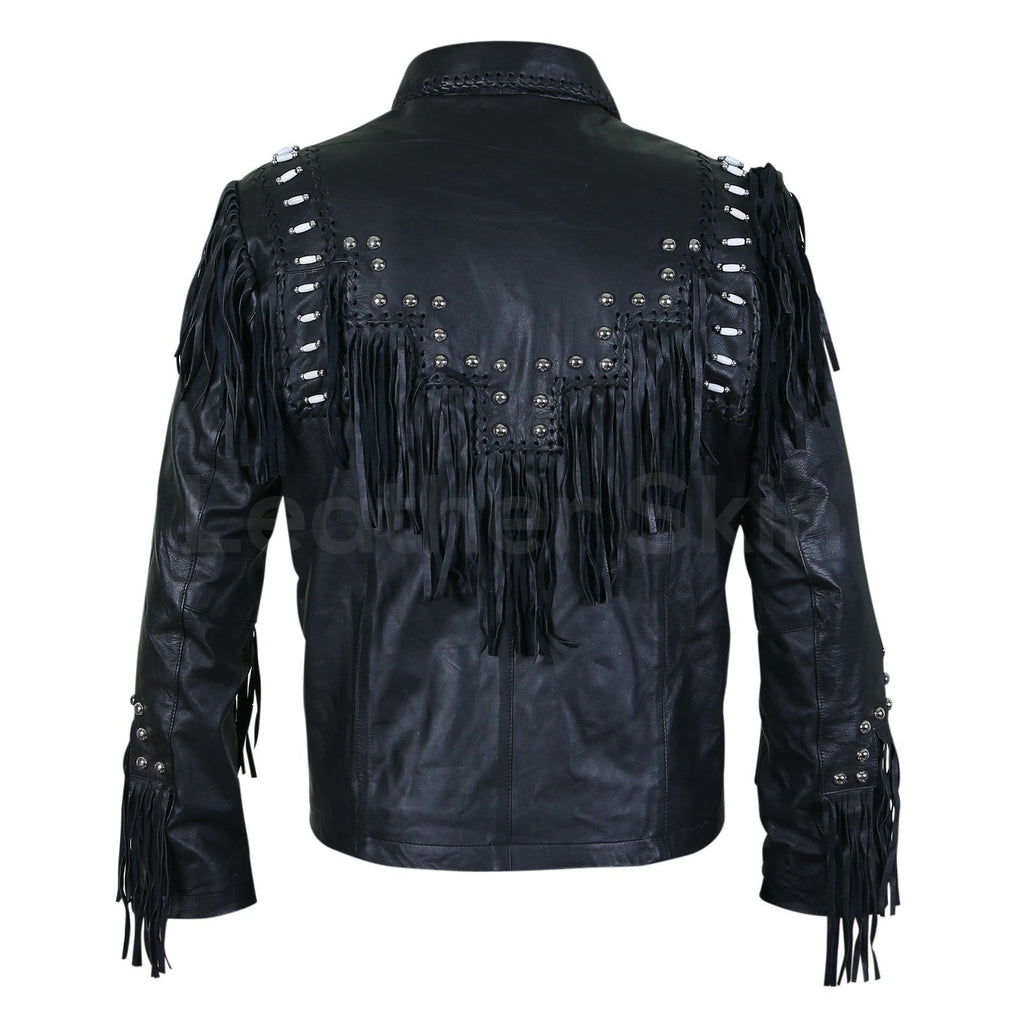 Men Black Fringes White Beads Leather Jacket with Round Studs