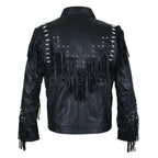 Men Black Fringes White Beads Leather Jacket with Round Studs