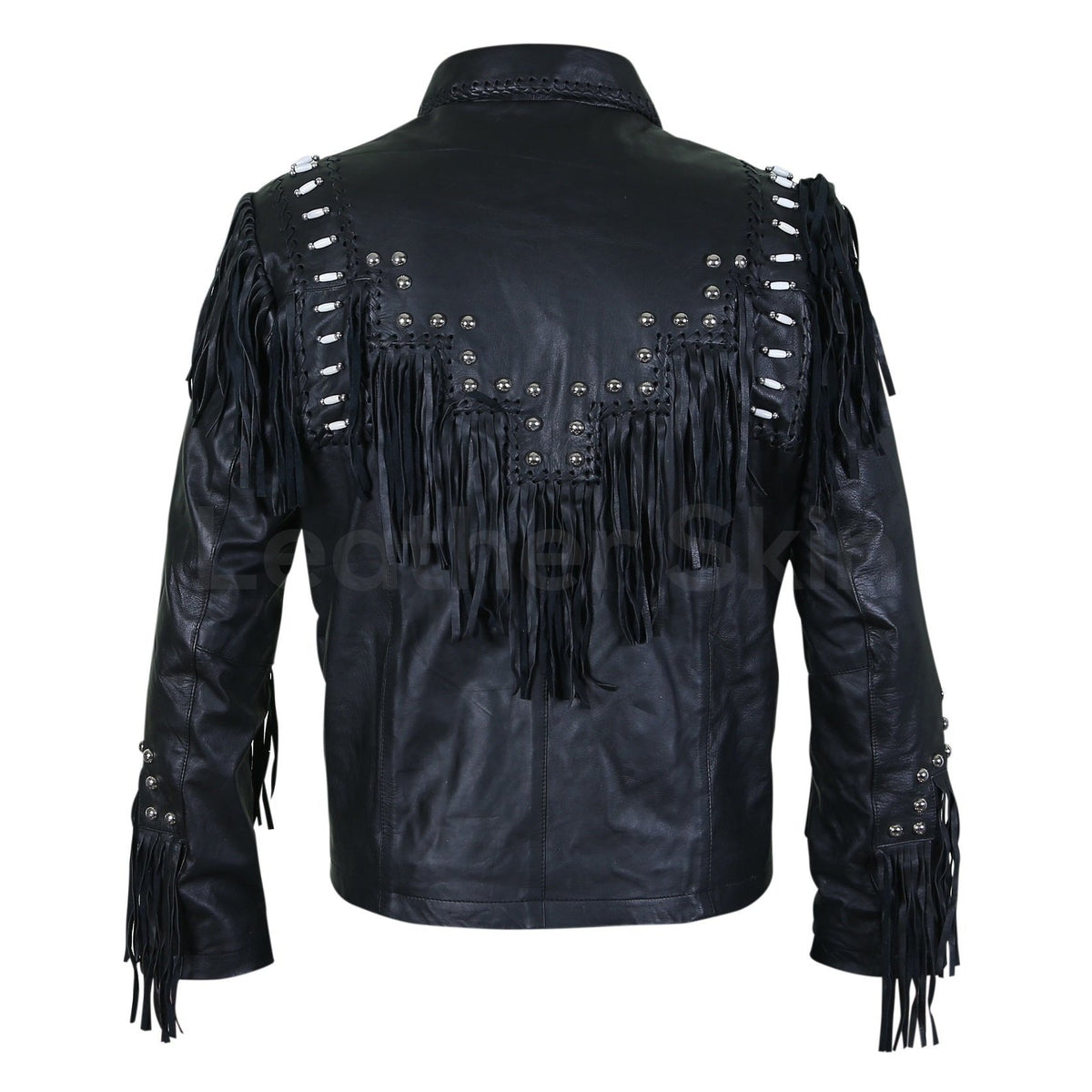 Men Black Fringes White Beads Leather Jacket with Round Studs