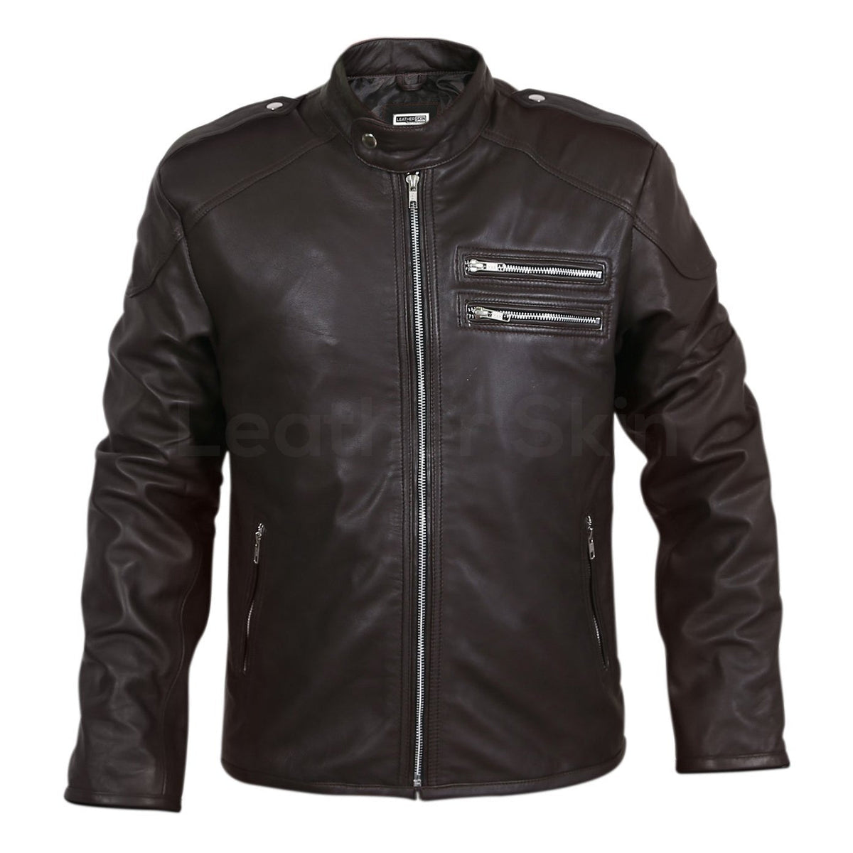 Men Black Genuine Leather Jacket with Double zippers on chest