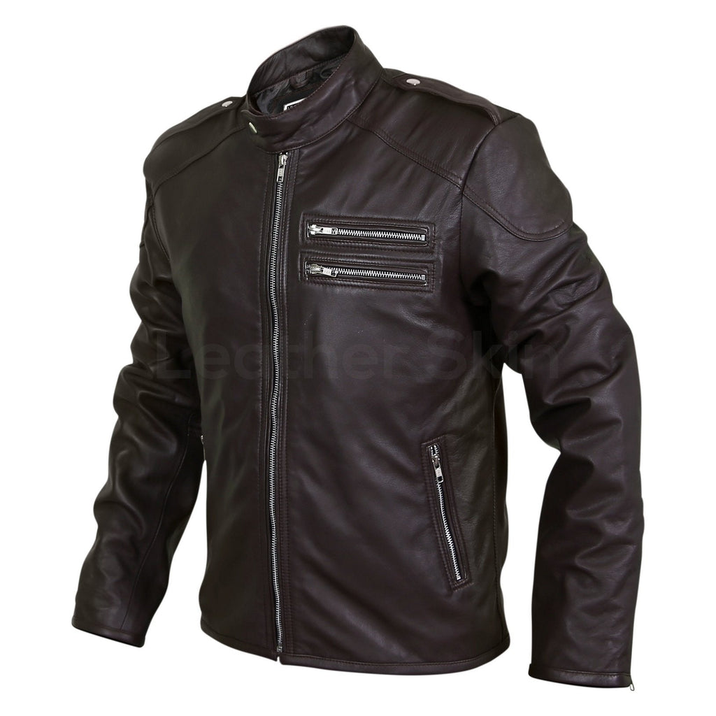 Men Black Genuine Leather Jacket with Double zippers on chest