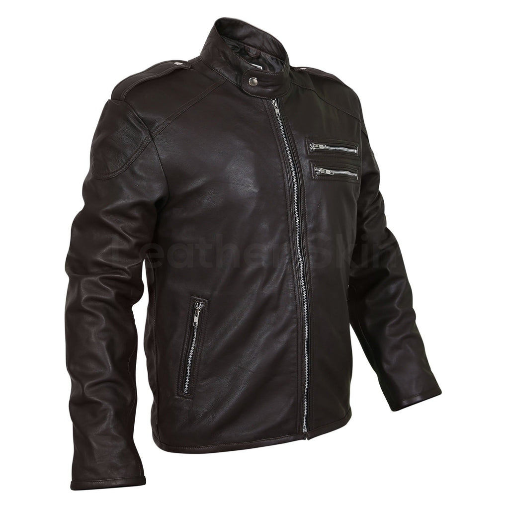 Men Black Genuine Leather Jacket with Double zippers on chest