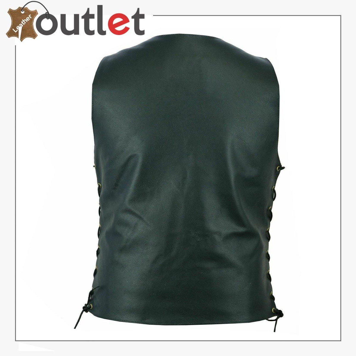Men Black Genuine Leather Vest with Adjustable Laces