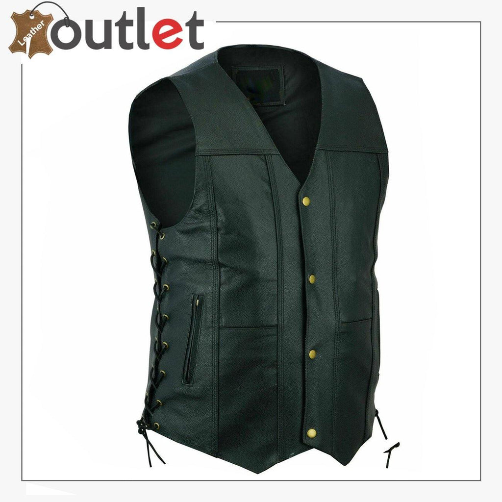 Men Black Genuine Leather Vest with Adjustable Laces