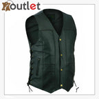 Men Black Genuine Leather Vest with Adjustable Laces