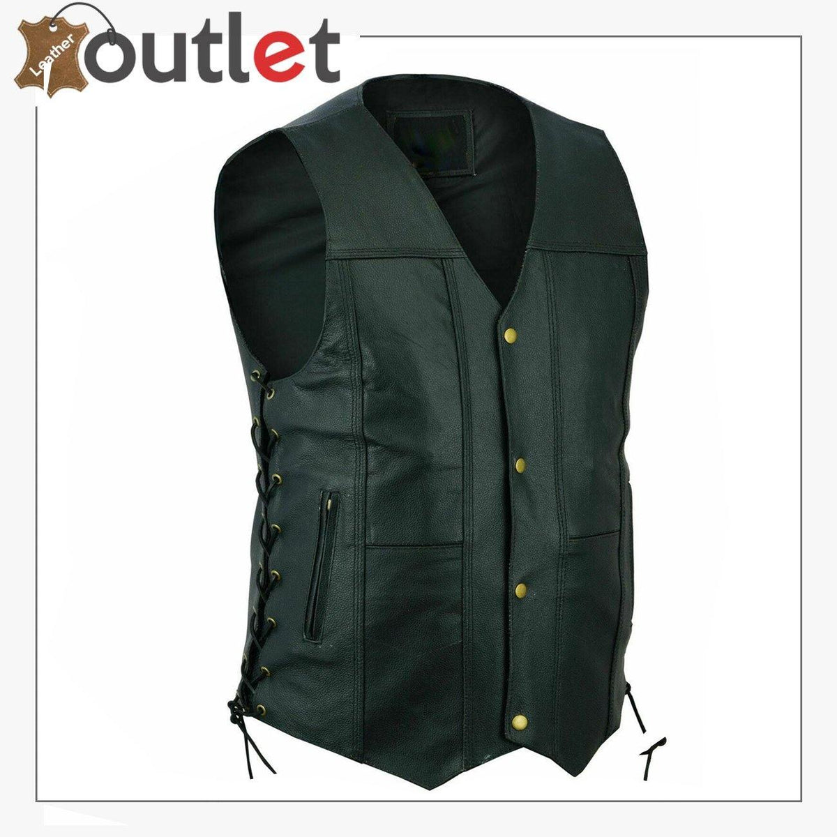 Men Black Genuine Leather Vest with Adjustable Laces