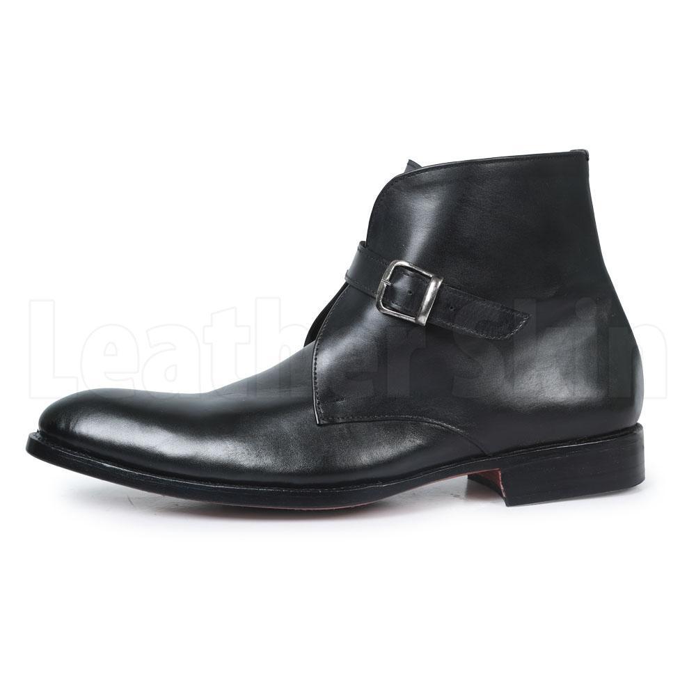 Men Black Handmade Genuine Leather Boots with Pointed Toe and Strap