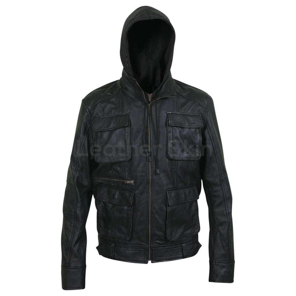 Leather Skin Men Black Fashion Hooded Premium Genuine Leather Jacket