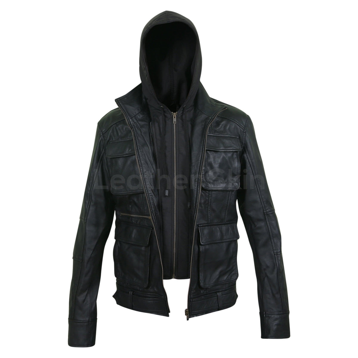 Leather Skin Men Black Fashion Hooded Premium Genuine Leather Jacket