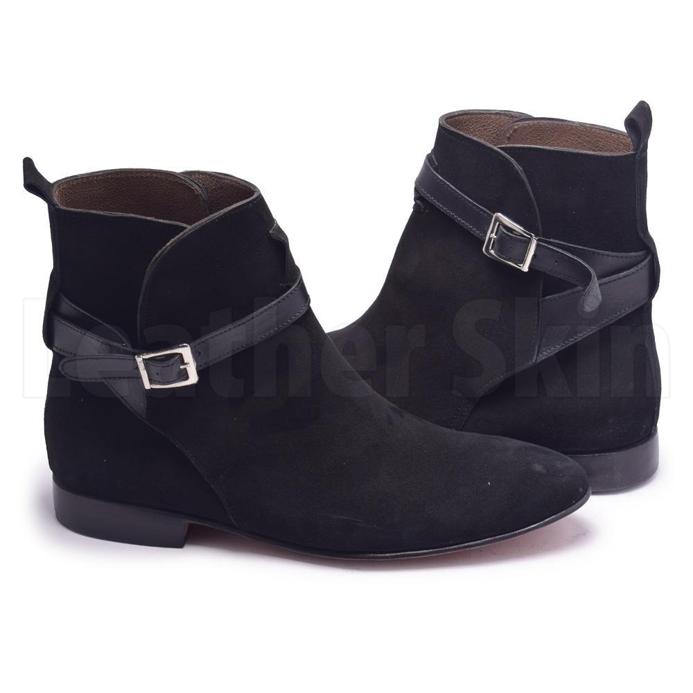 Men Black Jodhpurs Sude Leather Boots with Genuine Leather Handmade Straps