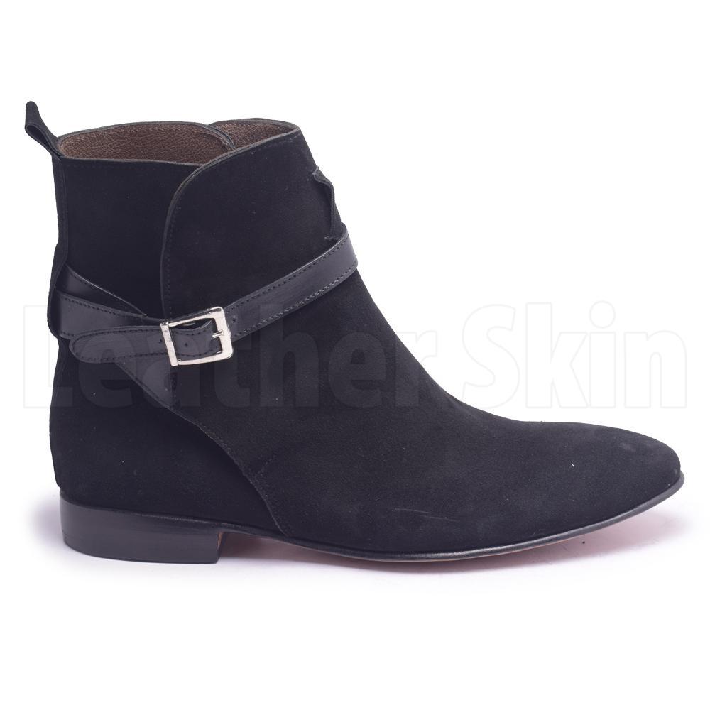 Men Black Jodhpurs Sude Leather Boots with Genuine Leather Handmade Straps