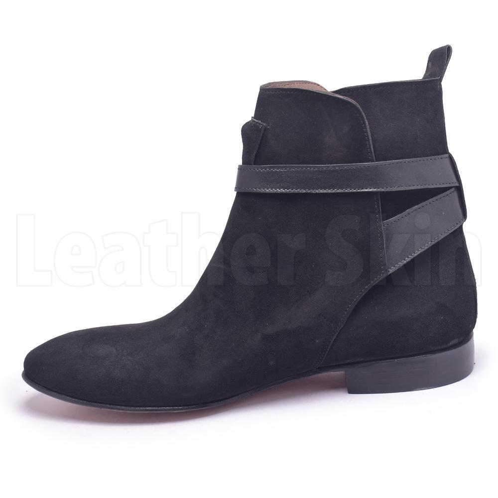Men Black Jodhpurs Sude Leather Boots with Genuine Leather Handmade Straps