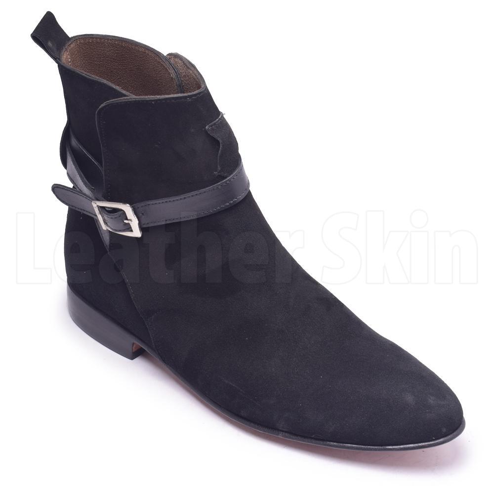 Men Black Jodhpurs Sude Leather Boots with Genuine Leather Handmade Straps
