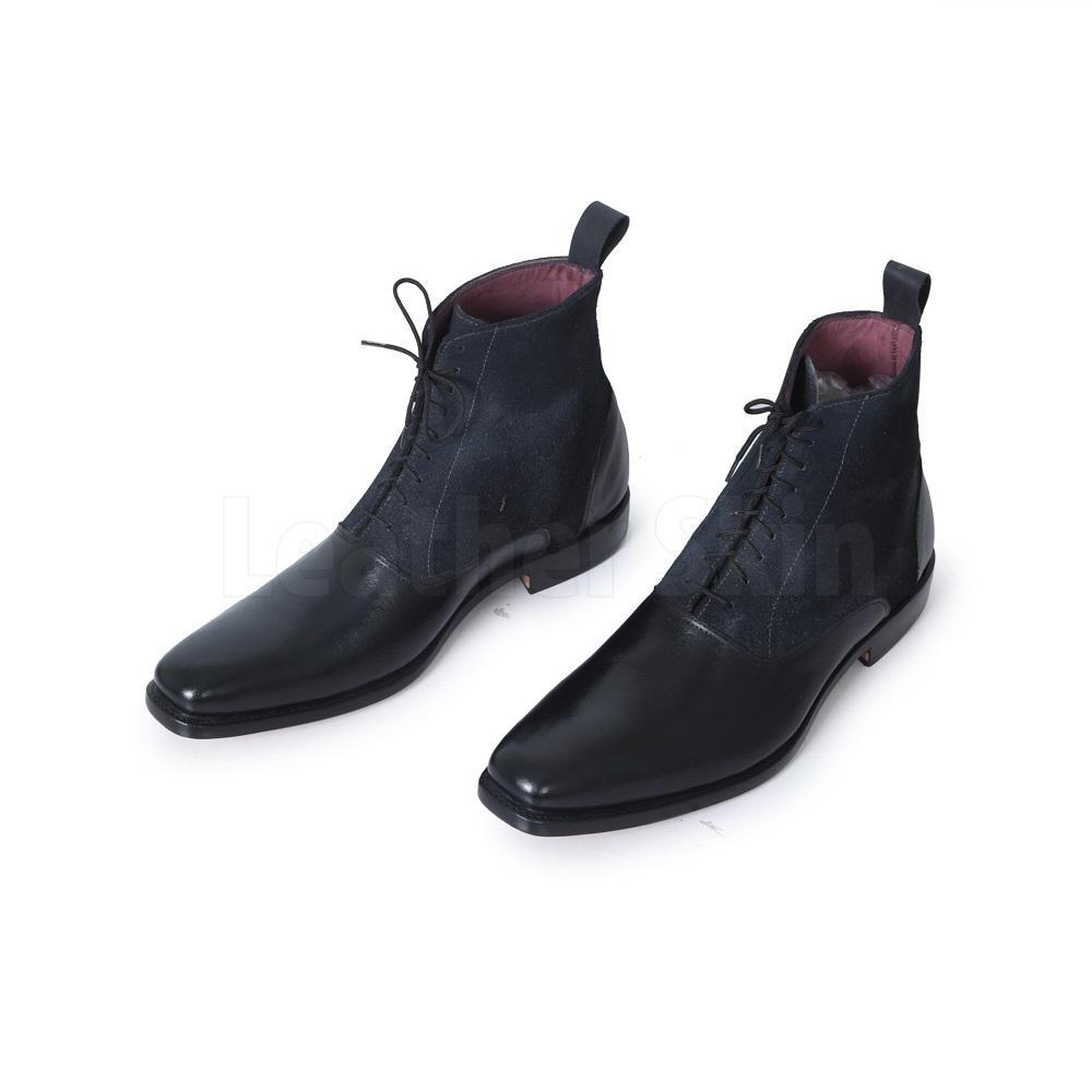 Men Black Lace Up Suede & Genuine Leather Boots