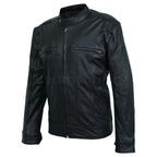 Men Black Leather Jacket with Vertical Stitching on Front