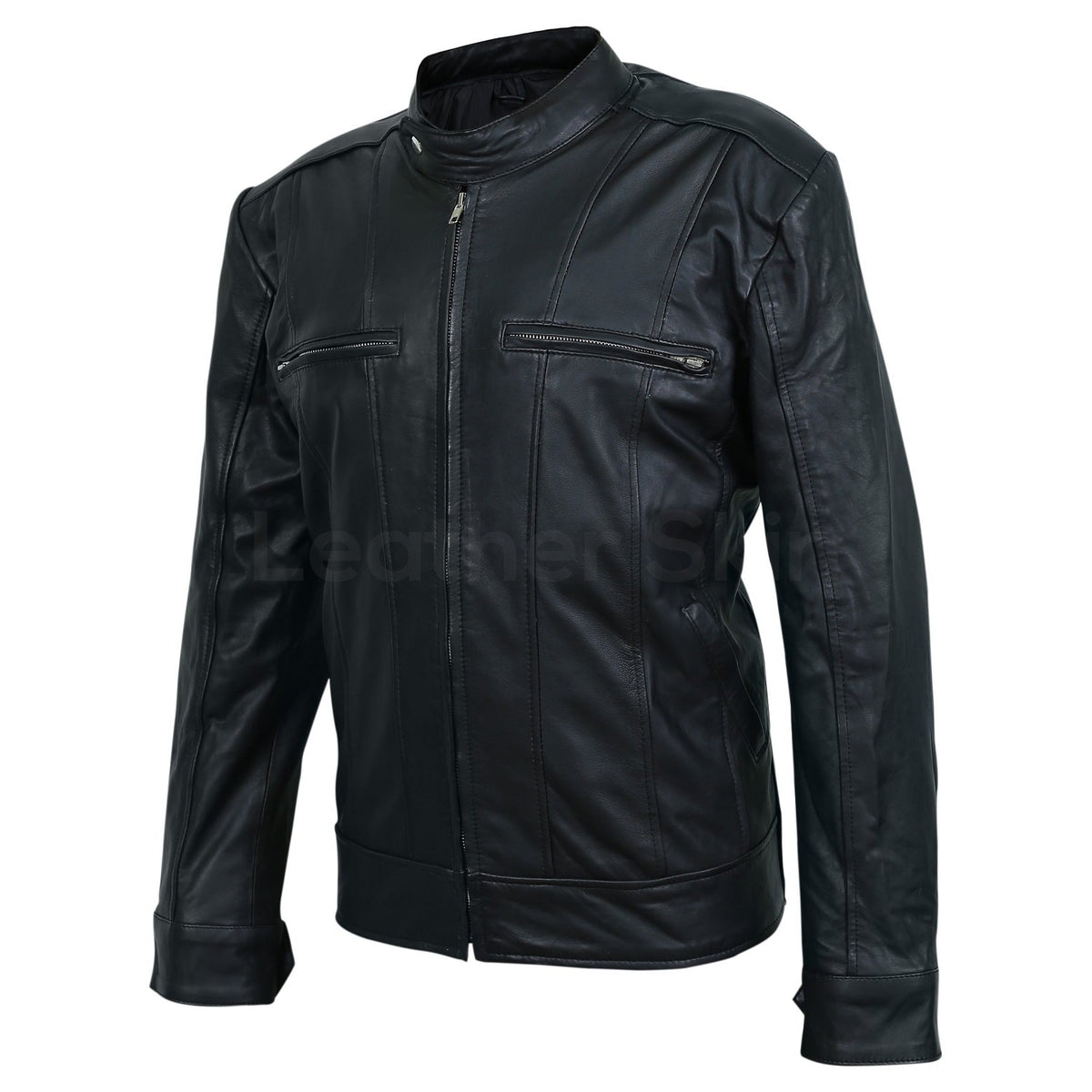 Men Black Leather Jacket with Vertical Stitching on Front