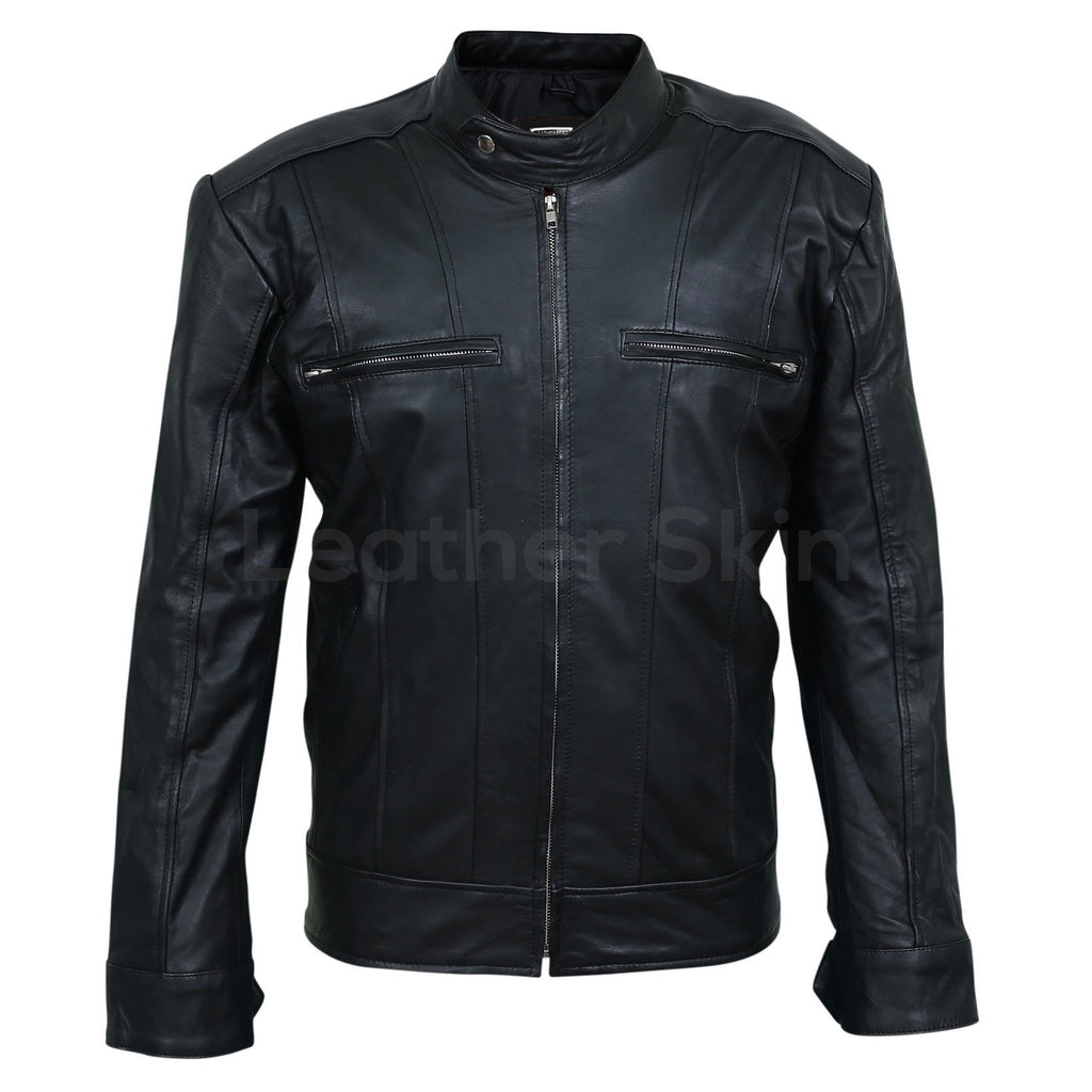 Men Black Leather Jacket with Vertical Stitching on Front