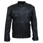 Men Black Leather Jacket with Vertical Stitching on Front