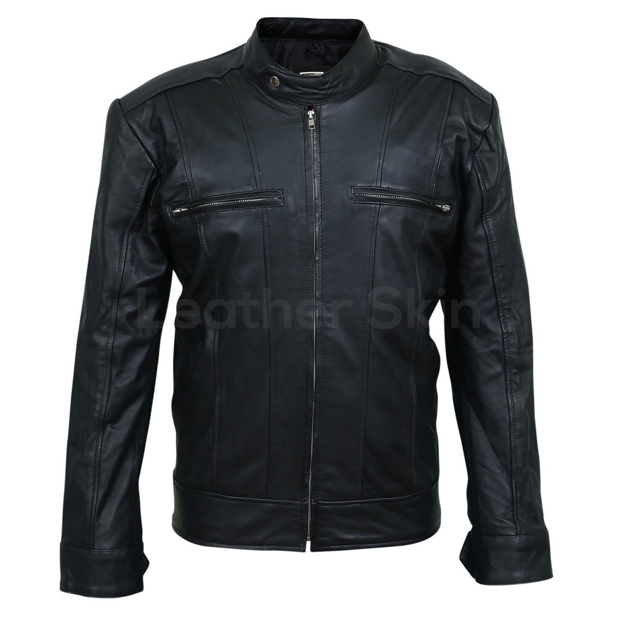 Men Black Leather Jacket with Vertical Stitching on Front