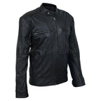 Men Black Leather Jacket with Vertical Stitching on Front