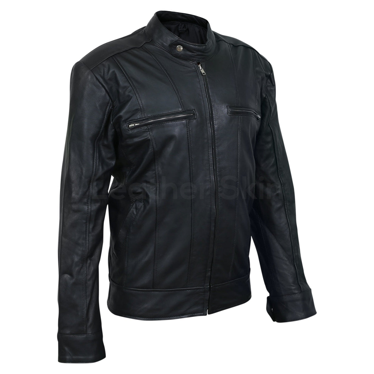 Men Black Leather Jacket with Vertical Stitching on Front