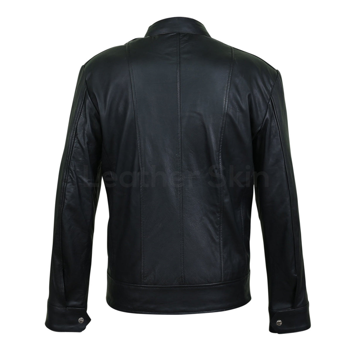 Men Black Leather Jacket with Vertical Stitching on Front
