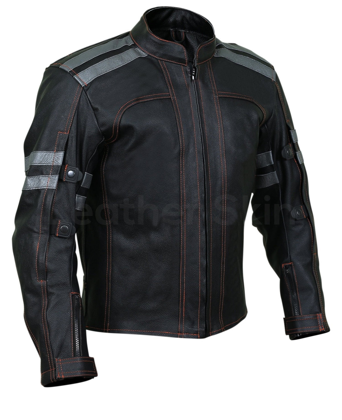 Men Black Motorcycle Biker Leather Jacket with Red Stitching