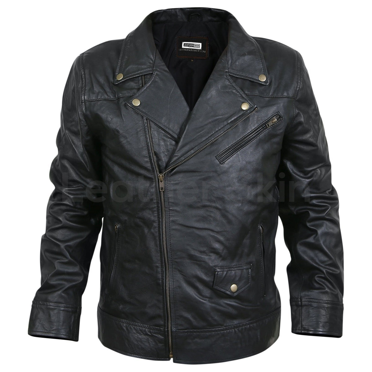 Men Black Motorcycle Genuine Leather Jacket with Antique Zippers