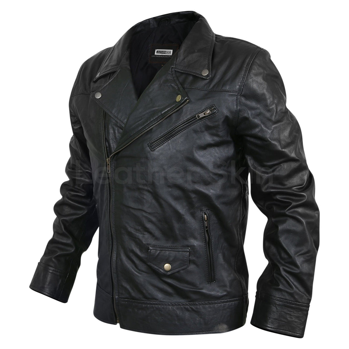 Men Black Motorcycle Genuine Leather Jacket with Antique Zippers