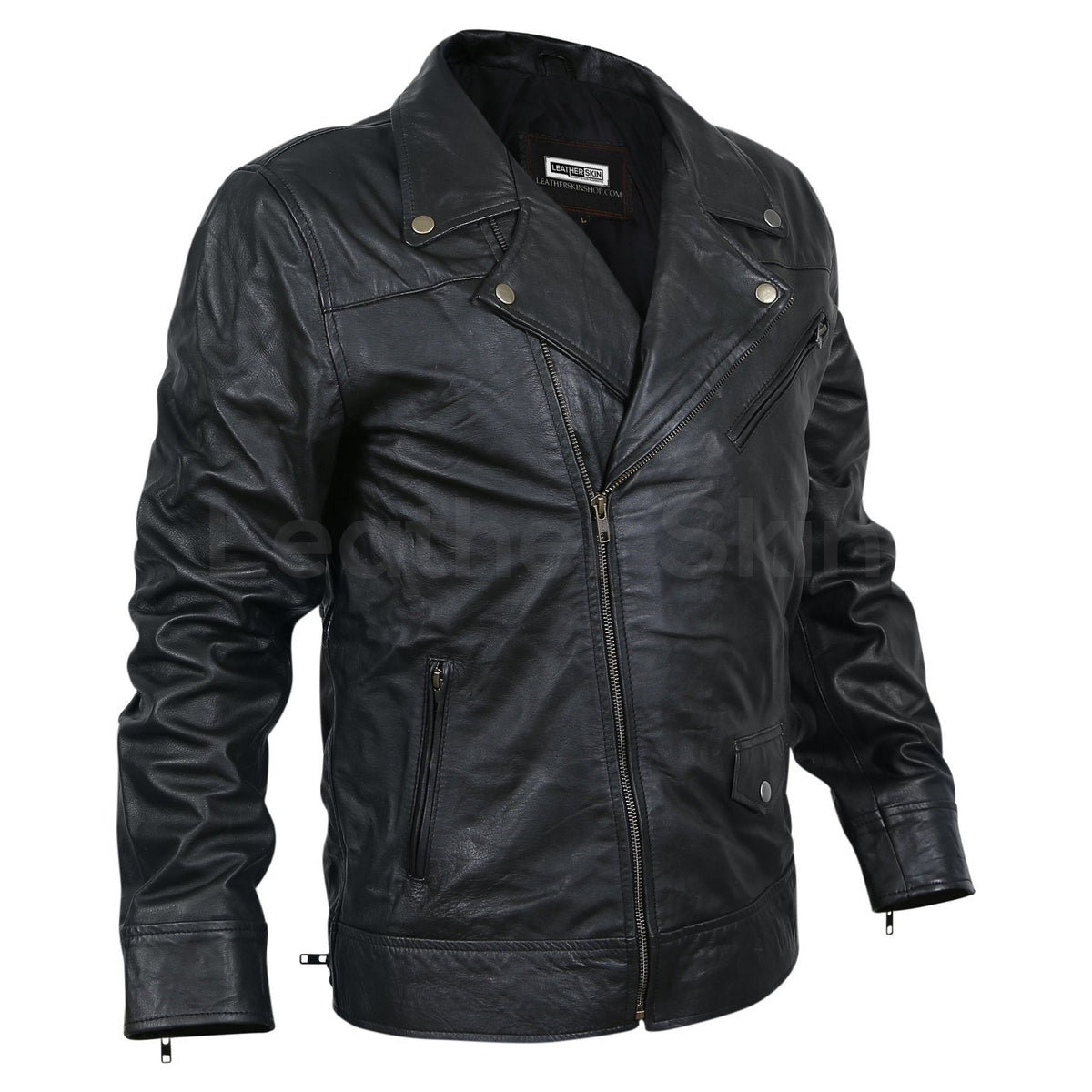 Men Black Motorcycle Genuine Leather Jacket with Antique Zippers