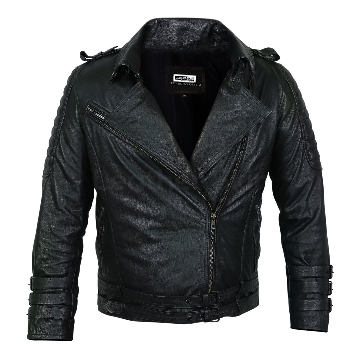 Men Black Motorcycle Leather Jacket with Two Belts and Three Sleeve Straps