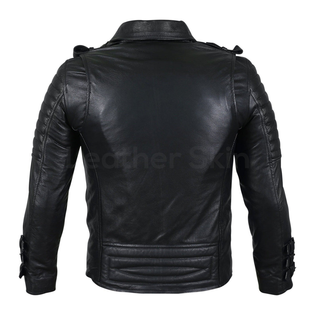 Men Black Motorcycle Leather Jacket with Two Belts and Three Sleeve Straps