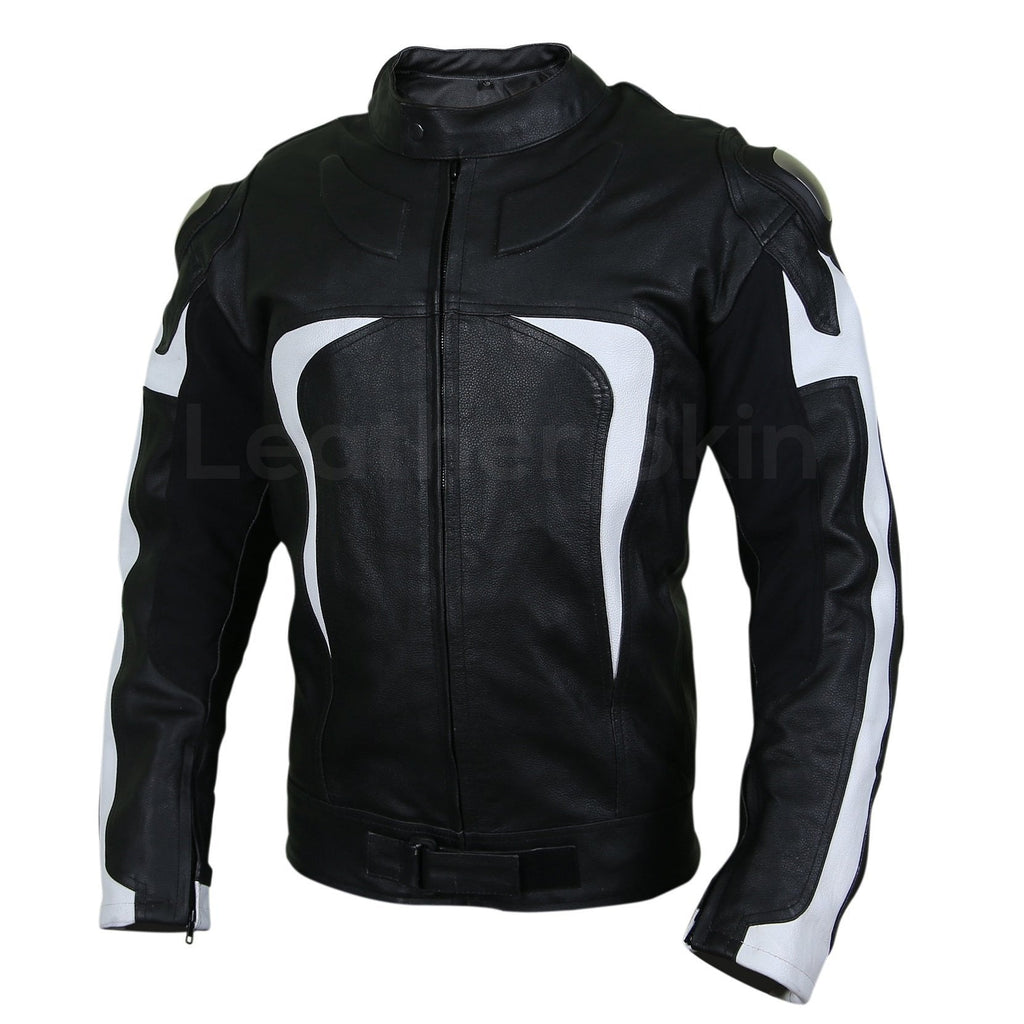 Men Black Motorcycle Leather Jacket with White Stripe Panels