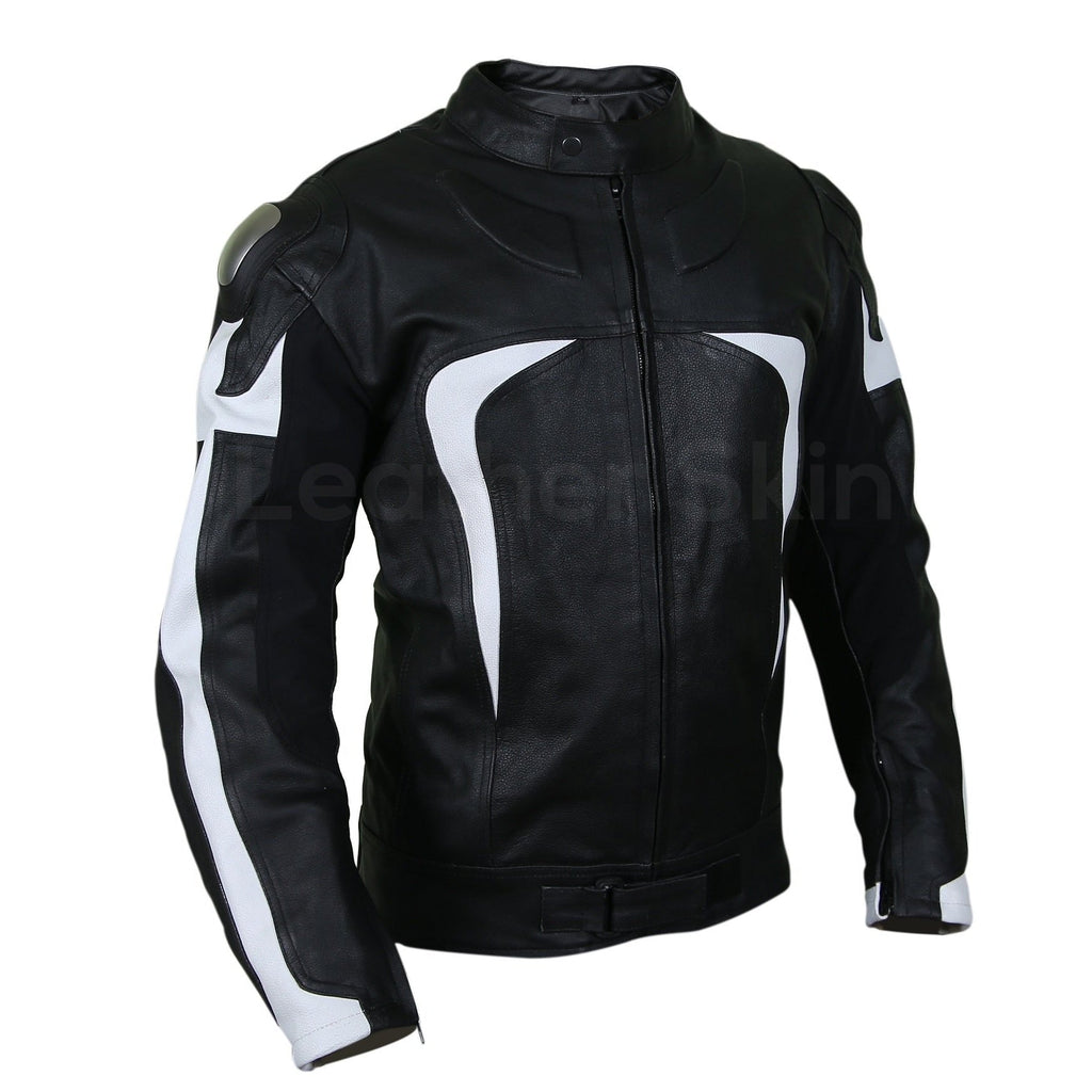 Men Black Motorcycle Leather Jacket with White Stripe Panels